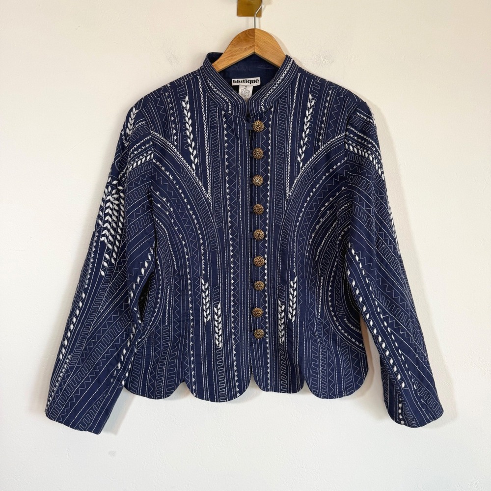 Blutique Embroidered Jacket M Navy White Cotton Art To Wear Boho Western Folk